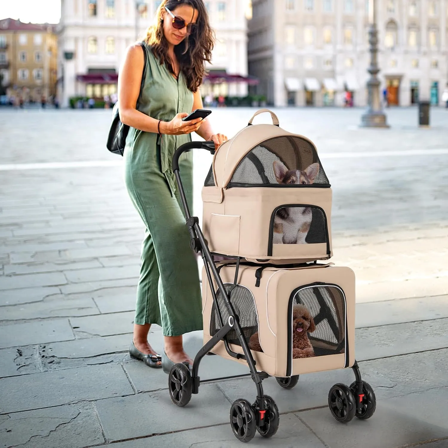 PETSITE Double Dog Stroller, Foldable 3-in-1 4 Wheels Cat Stroller with 2 Detachable Carriers, Safety Belt, Washable Cover, Removable Pads for Small Medium Dogs Cats (Beige)