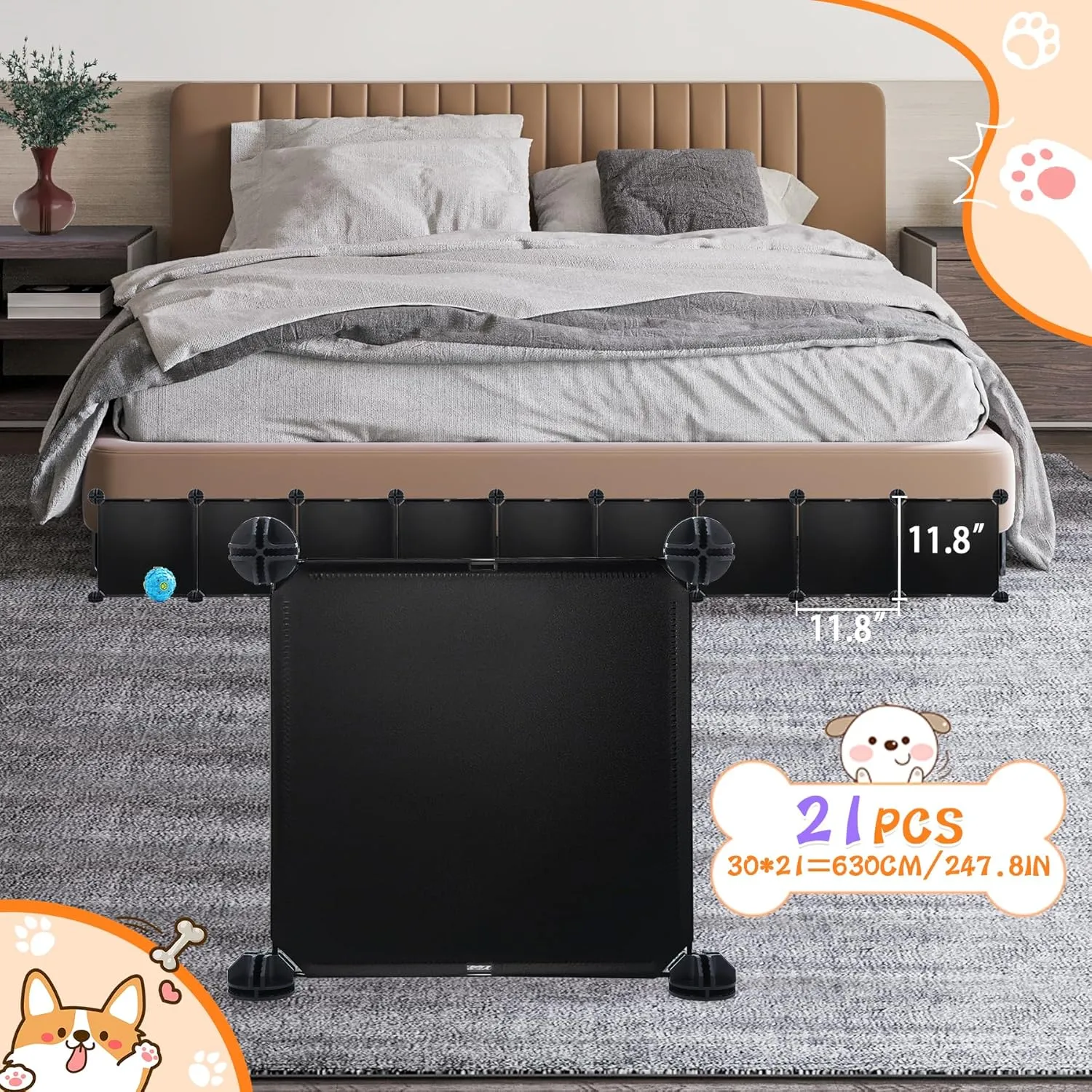 Professional Under Bed Blocker for Pets, 11.8" Height 248" Length in Total, Multi-Purpose Under Bed Couch Blocker, Adjustable Underbed Blocker for Pets for Bed, Sofa and Most Furniture