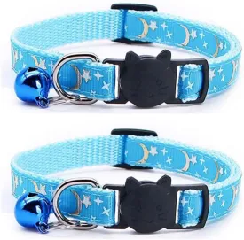 Reflective Cat Collars Breakaway with Bell 2-Pack Girl Boy Pet Kitten Collar with Star Moon Patetrn Adjustable 7.5-12.5 Inch (Blue)