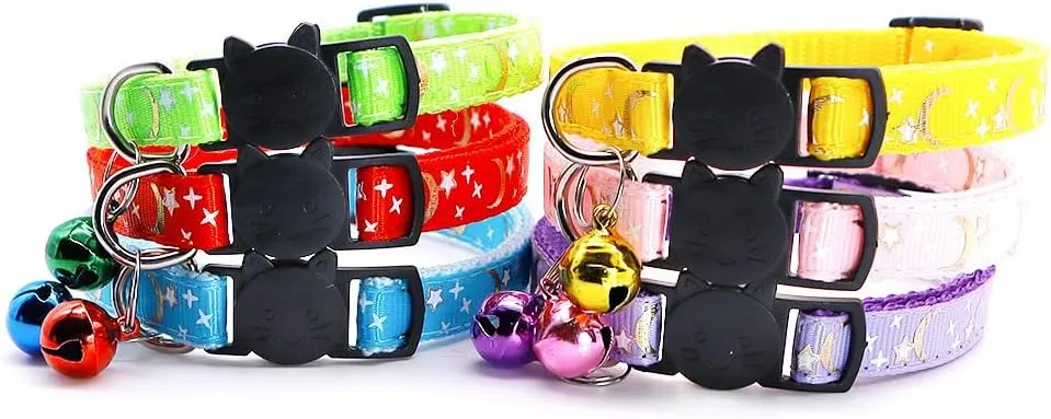 Reflective Cat Collars Breakaway with Bell 2-Pack Girl Boy Pet Kitten Collar with Star Moon Patetrn Adjustable 7.5-12.5 Inch (Blue)