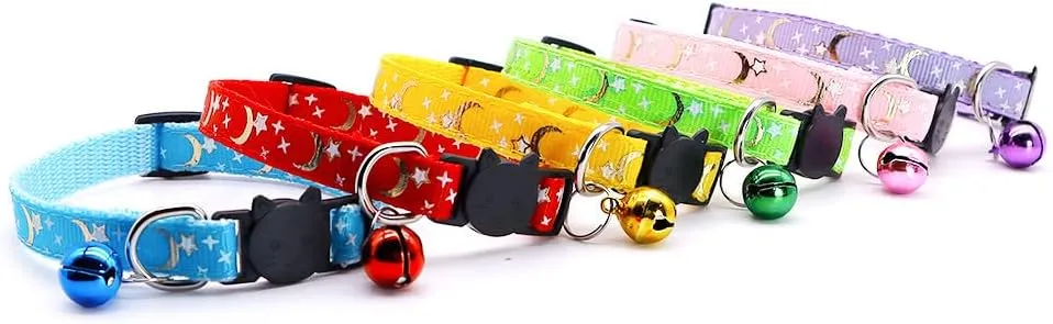 Reflective Cat Collars Breakaway with Bell 2-Pack Girl Boy Pet Kitten Collar with Star Moon Patetrn Adjustable 7.5-12.5 Inch (Blue)