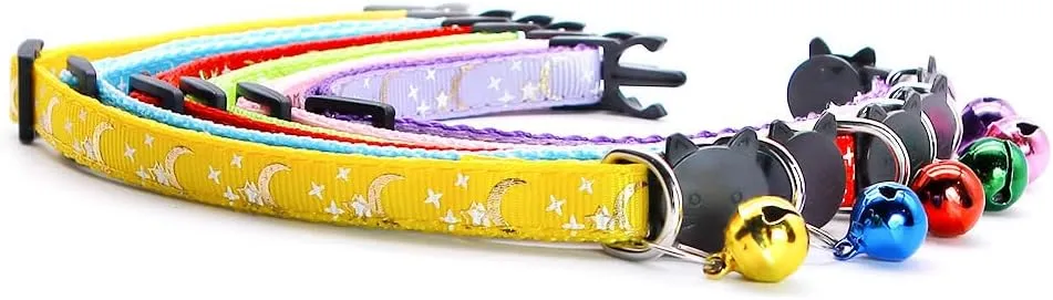 Reflective Cat Collars Breakaway with Bell 2-Pack Girl Boy Pet Kitten Collar with Star Moon Patetrn Adjustable 7.5-12.5 Inch (Blue)