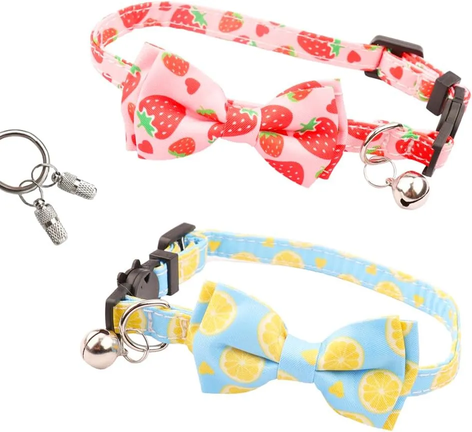 Refreshing Fruit Cat Collar with Bow Bell Detachable Adjustable Kitten Collar, Come with Pet Anti- Lost Silver Pendant ID Tags,Cute Strawberry and Lemon Patterns (2 Sets)