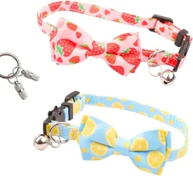 Refreshing Fruit Cat Collar with Bow Bell Detachable Adjustable Kitten Collar, Come with Pet Anti- Lost Silver Pendant ID Tags,Cute Strawberry and Lemon Patterns (2 Sets)