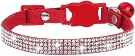 Serijoars Cat Collars,Rhinestone for Girl Cats Bling Kitten Flower Adjustable Breakaway Collar with Bell Soft Velvet Leather Collar for Puppy Small Dogs (Red)