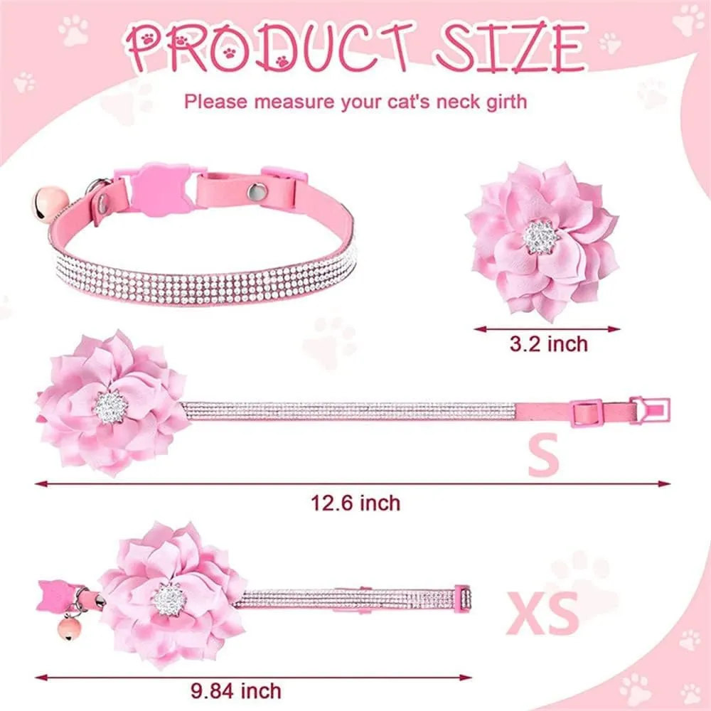 Serijoars Cat Collars,Rhinestone for Girl Cats Bling Kitten Flower Adjustable Breakaway Collar with Bell Soft Velvet Leather Collar for Puppy Small Dogs (Red)