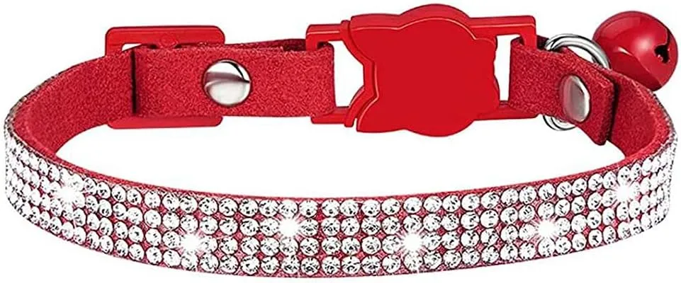 Serijoars Cat Collars,Rhinestone for Girl Cats Bling Kitten Flower Adjustable Breakaway Collar with Bell Soft Velvet Leather Collar for Puppy Small Dogs (Red)