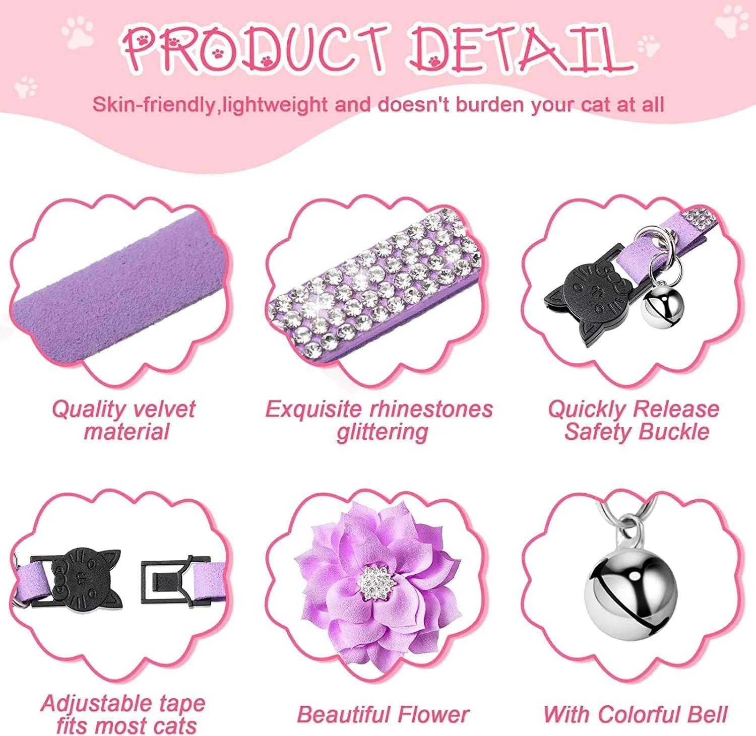 Serijoars Cat Collars,Rhinestone for Girl Cats Bling Kitten Flower Adjustable Breakaway Collar with Bell Soft Velvet Leather Collar for Puppy Small Dogs (Red)