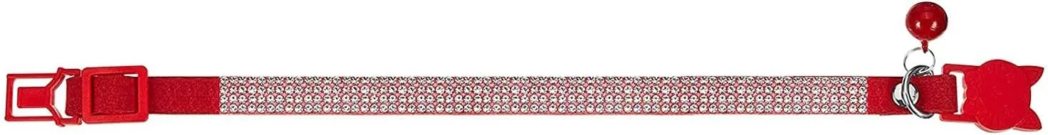 Serijoars Cat Collars,Rhinestone for Girl Cats Bling Kitten Flower Adjustable Breakaway Collar with Bell Soft Velvet Leather Collar for Puppy Small Dogs (Red)