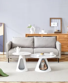 Set of 2 Stylish Round Coffee Tables with Marble-Look Top and Integrated Cat Beds, White