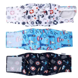 Washable Male Dog Diapers, Reusable Doggy Diapers, 3 Pack (Sailor)