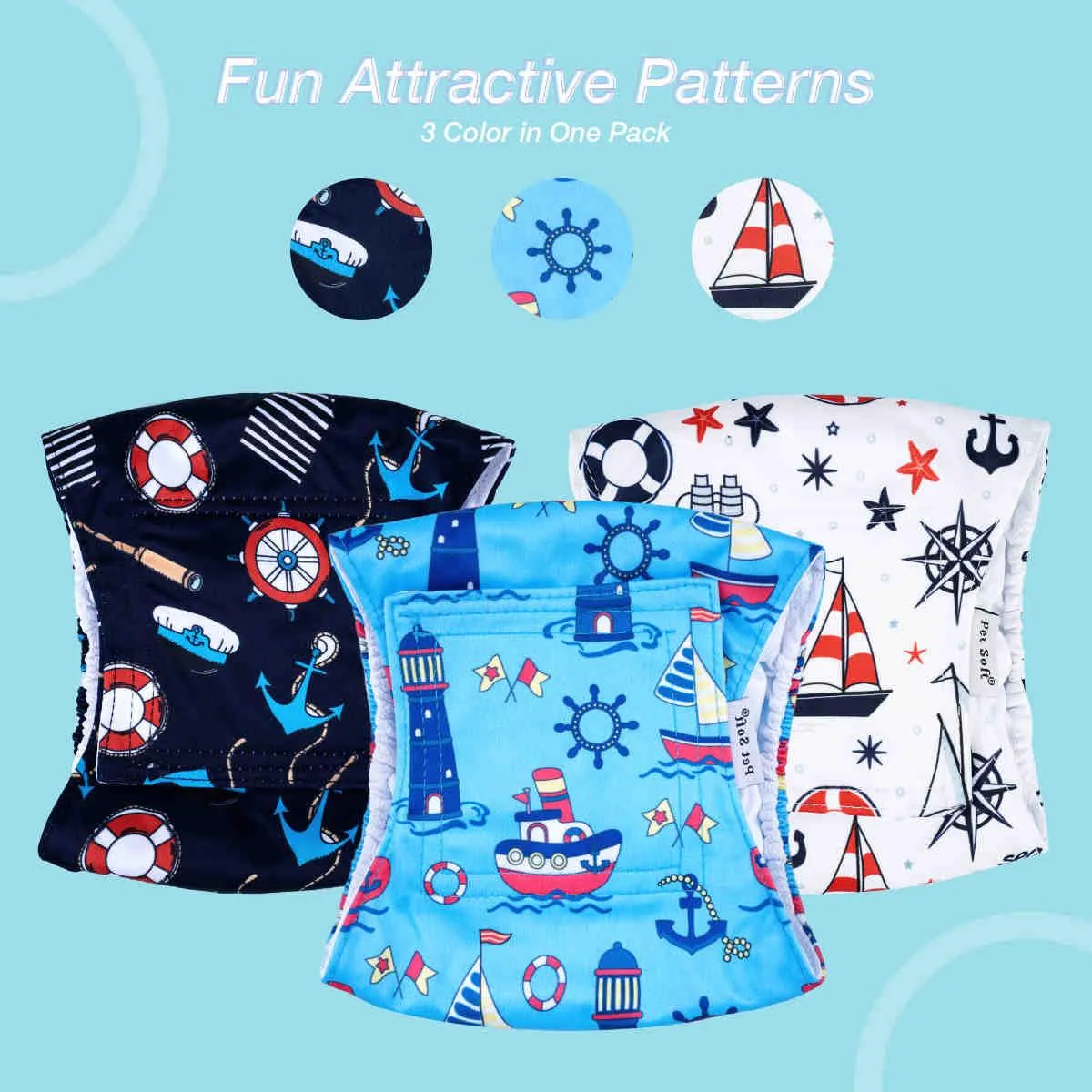 Washable Male Dog Diapers, Reusable Doggy Diapers, 3 Pack (Sailor)