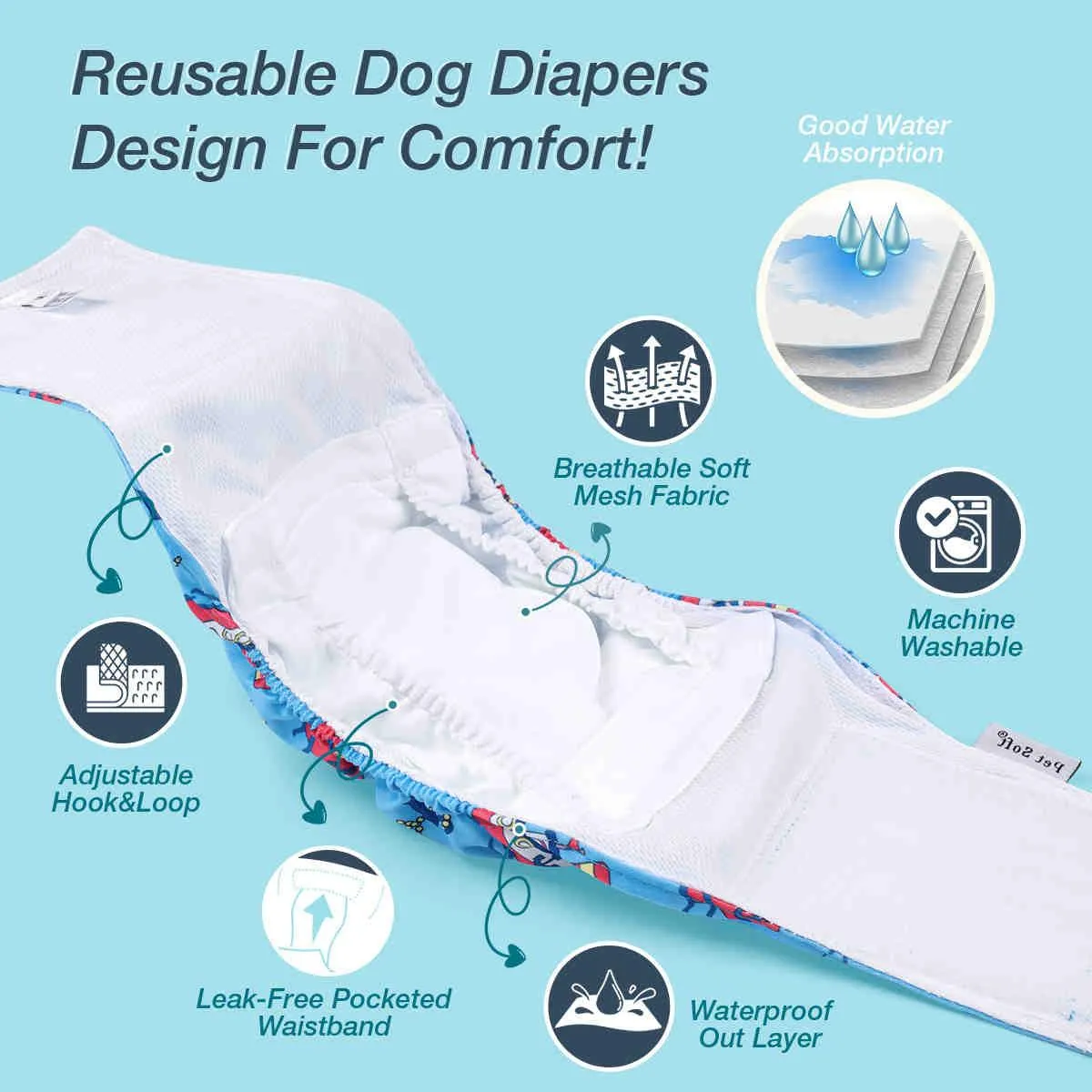 Washable Male Dog Diapers, Reusable Doggy Diapers, 3 Pack (Sailor)