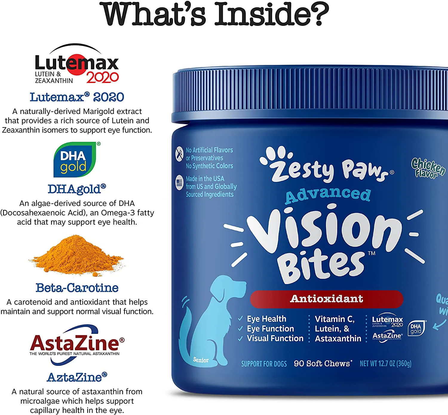 Zesty Paws Eye Supplement for Dogs - Vision Support with Lutein   Vitamin C & Astaxanthin Antioxidants - Dog Vitamins for Eyes   Fish Oil for Omega 3 EPA & DHA for Senior Dogs
